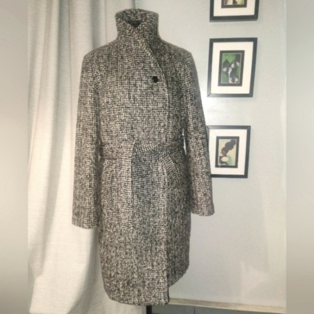 Cole Haan Asymmetrical Shawl Collar Wool Coat in Black and White Sz 14 - Picture 13 of 16